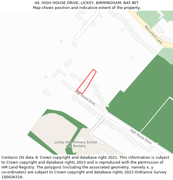 44, HIGH HOUSE DRIVE, LICKEY, BIRMINGHAM, B45 8ET: Location map and indicative extent of plot