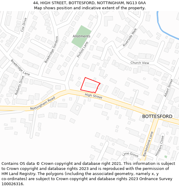 44, HIGH STREET, BOTTESFORD, NOTTINGHAM, NG13 0AA: Location map and indicative extent of plot