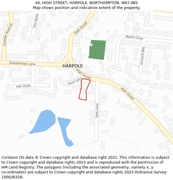 44, HIGH STREET, HARPOLE, NORTHAMPTON, NN7 4BS: Location map and indicative extent of plot