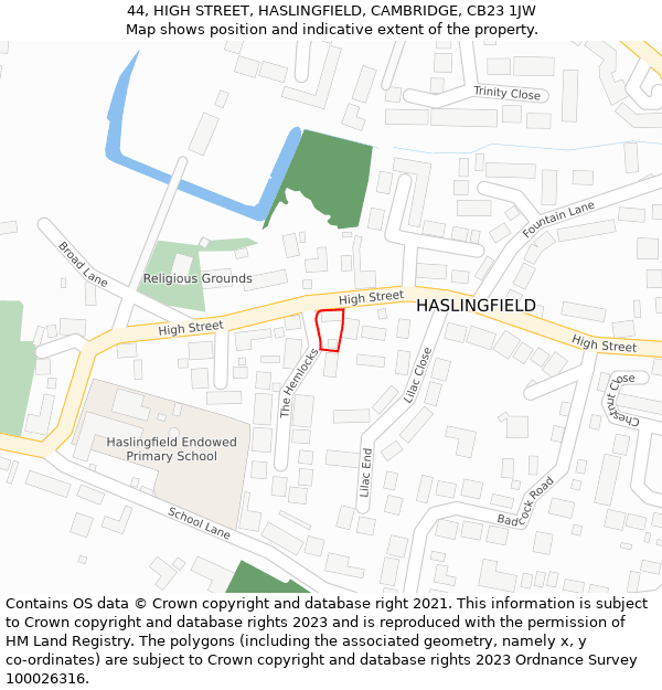 44, HIGH STREET, HASLINGFIELD, CAMBRIDGE, CB23 1JW: Location map and indicative extent of plot