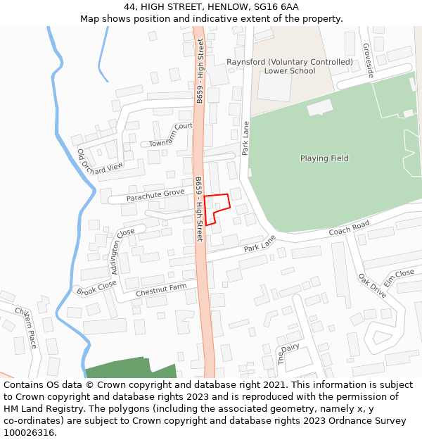 44, HIGH STREET, HENLOW, SG16 6AA: Location map and indicative extent of plot