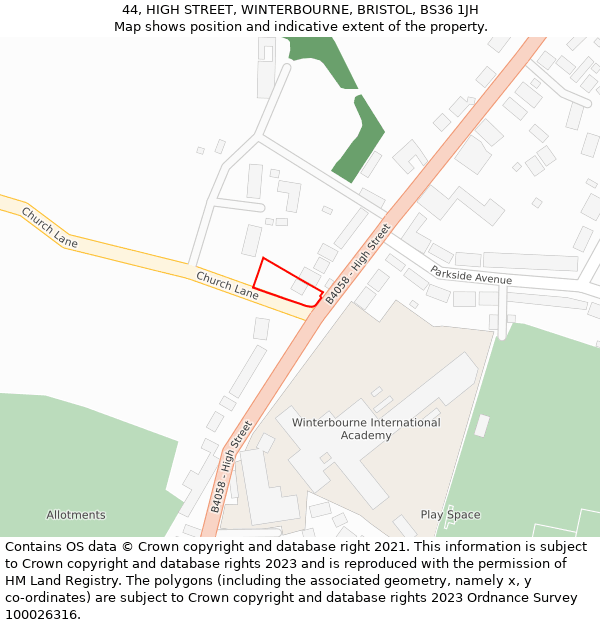 44, HIGH STREET, WINTERBOURNE, BRISTOL, BS36 1JH: Location map and indicative extent of plot