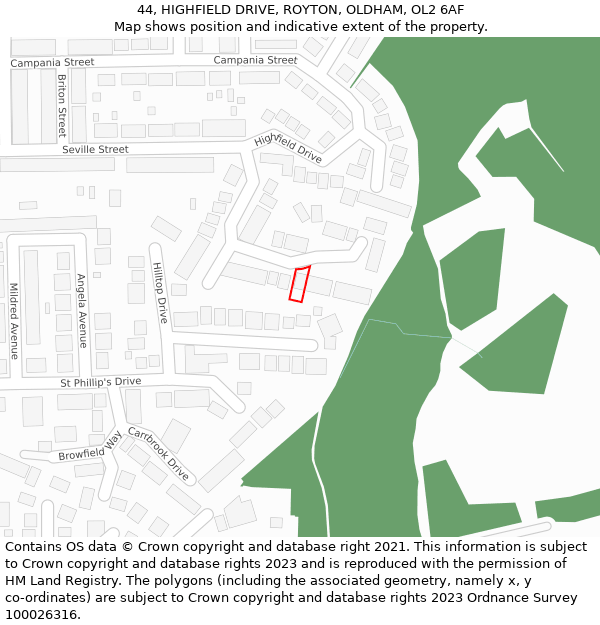 44, HIGHFIELD DRIVE, ROYTON, OLDHAM, OL2 6AF: Location map and indicative extent of plot