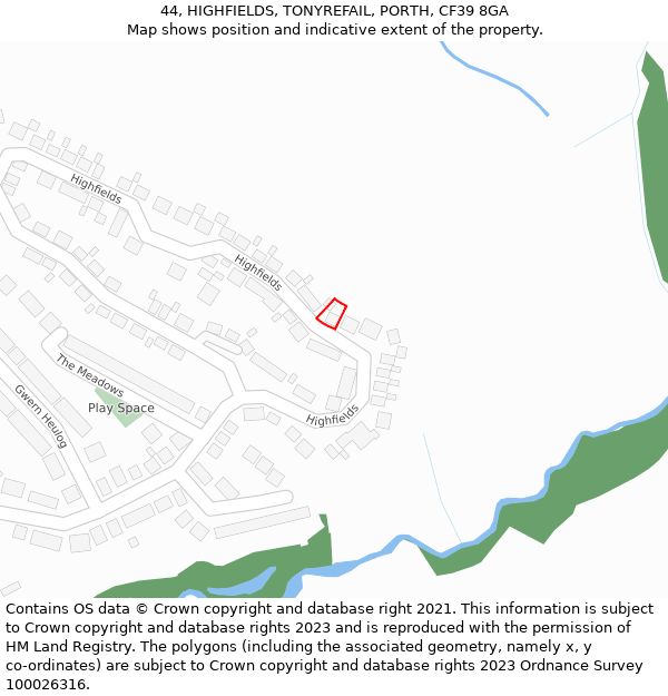 44, HIGHFIELDS, TONYREFAIL, PORTH, CF39 8GA: Location map and indicative extent of plot