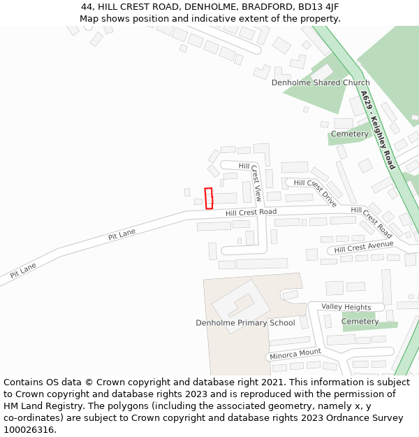 44, HILL CREST ROAD, DENHOLME, BRADFORD, BD13 4JF: Location map and indicative extent of plot