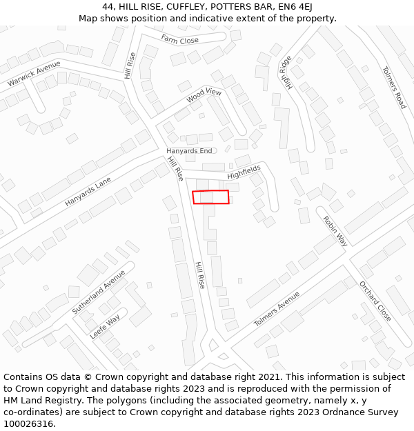 44, HILL RISE, CUFFLEY, POTTERS BAR, EN6 4EJ: Location map and indicative extent of plot