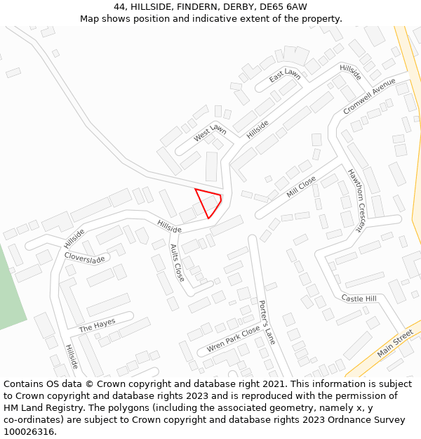 44, HILLSIDE, FINDERN, DERBY, DE65 6AW: Location map and indicative extent of plot