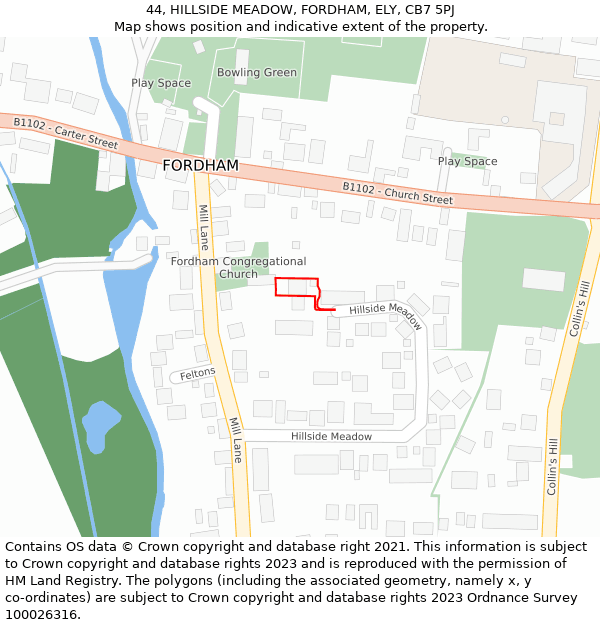 44, HILLSIDE MEADOW, FORDHAM, ELY, CB7 5PJ: Location map and indicative extent of plot