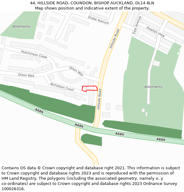 44, HILLSIDE ROAD, COUNDON, BISHOP AUCKLAND, DL14 8LN: Location map and indicative extent of plot
