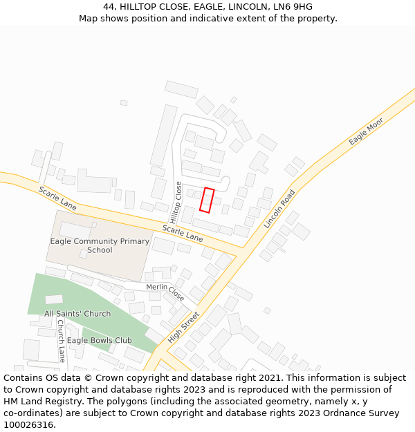 44, HILLTOP CLOSE, EAGLE, LINCOLN, LN6 9HG: Location map and indicative extent of plot