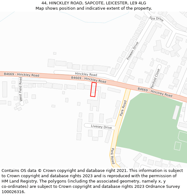 44, HINCKLEY ROAD, SAPCOTE, LEICESTER, LE9 4LG: Location map and indicative extent of plot