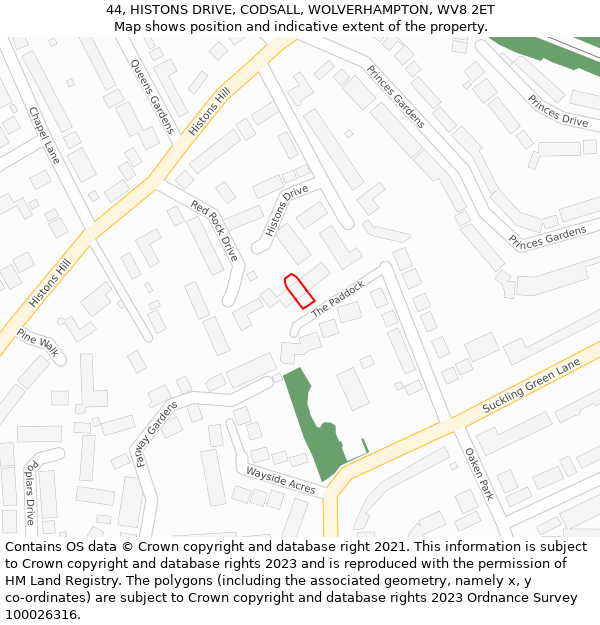 44, HISTONS DRIVE, CODSALL, WOLVERHAMPTON, WV8 2ET: Location map and indicative extent of plot