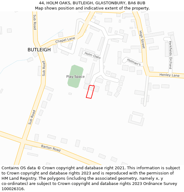 44, HOLM OAKS, BUTLEIGH, GLASTONBURY, BA6 8UB: Location map and indicative extent of plot