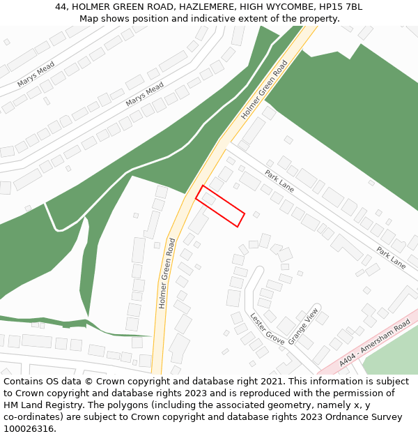 44, HOLMER GREEN ROAD, HAZLEMERE, HIGH WYCOMBE, HP15 7BL: Location map and indicative extent of plot