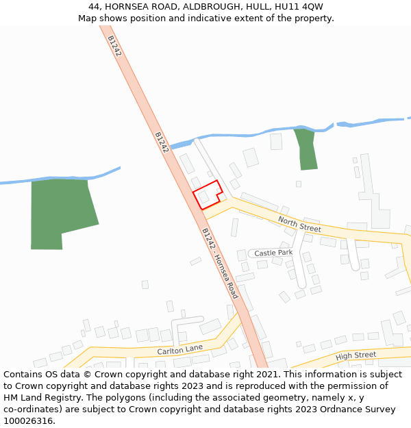 44, HORNSEA ROAD, ALDBROUGH, HULL, HU11 4QW: Location map and indicative extent of plot