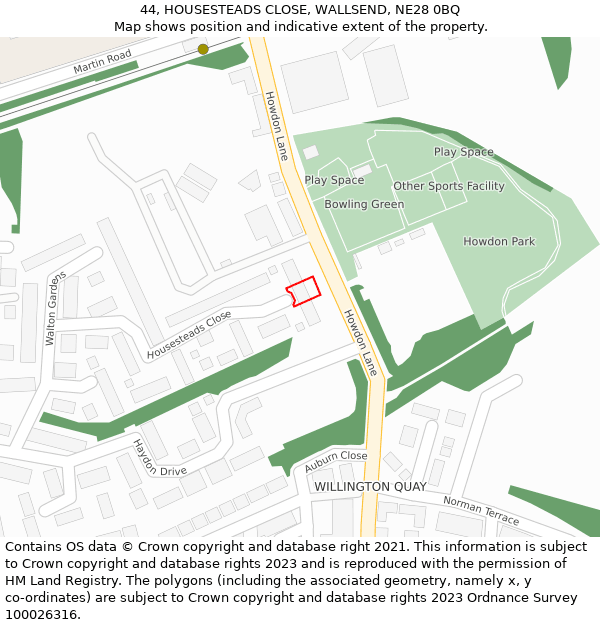 44, HOUSESTEADS CLOSE, WALLSEND, NE28 0BQ: Location map and indicative extent of plot