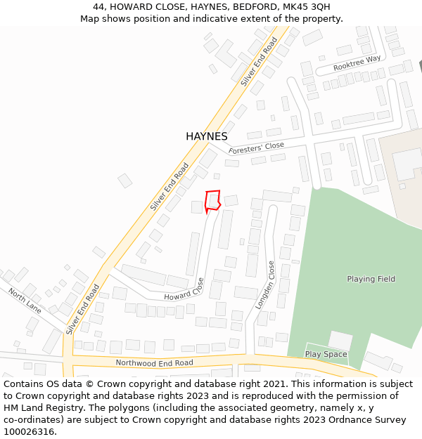 44, HOWARD CLOSE, HAYNES, BEDFORD, MK45 3QH: Location map and indicative extent of plot