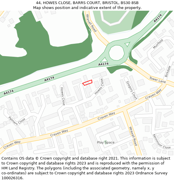 44, HOWES CLOSE, BARRS COURT, BRISTOL, BS30 8SB: Location map and indicative extent of plot