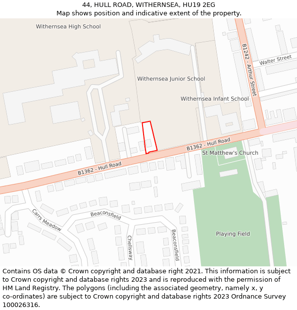 44, HULL ROAD, WITHERNSEA, HU19 2EG: Location map and indicative extent of plot