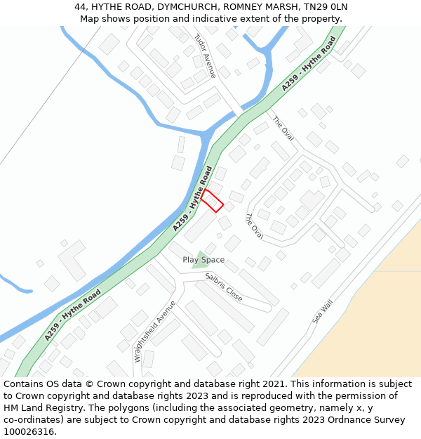 44, HYTHE ROAD, DYMCHURCH, ROMNEY MARSH, TN29 0LN: Location map and indicative extent of plot