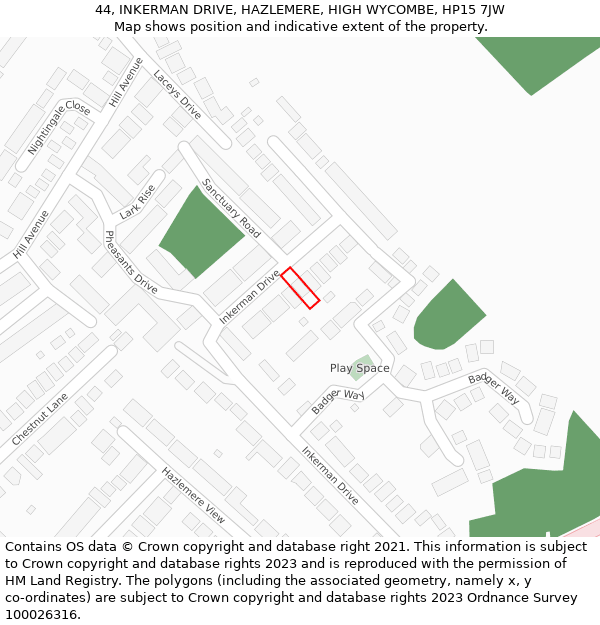 44, INKERMAN DRIVE, HAZLEMERE, HIGH WYCOMBE, HP15 7JW: Location map and indicative extent of plot