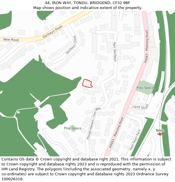 44, IRON WAY, TONDU, BRIDGEND, CF32 9BF: Location map and indicative extent of plot