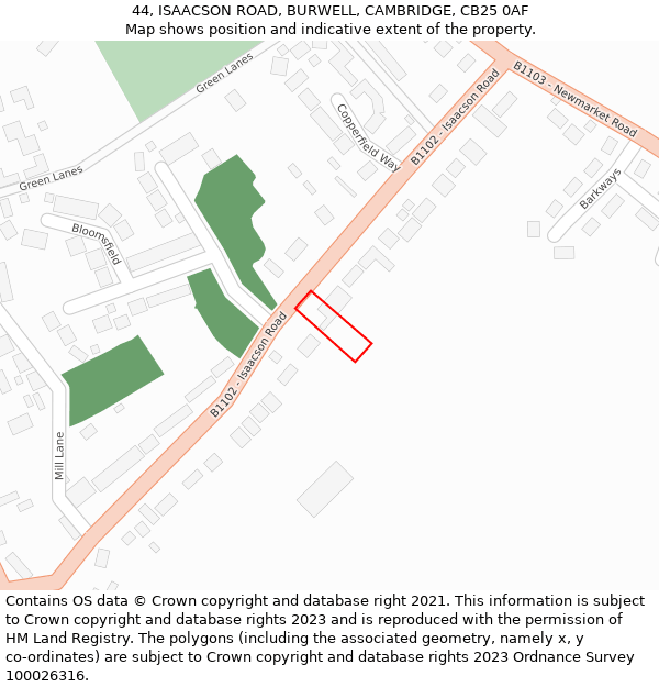 44, ISAACSON ROAD, BURWELL, CAMBRIDGE, CB25 0AF: Location map and indicative extent of plot