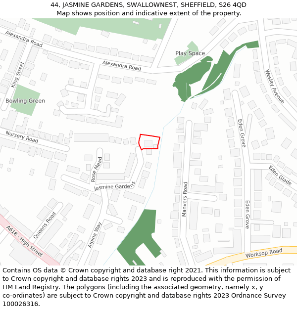 44, JASMINE GARDENS, SWALLOWNEST, SHEFFIELD, S26 4QD: Location map and indicative extent of plot