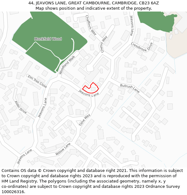 44, JEAVONS LANE, GREAT CAMBOURNE, CAMBRIDGE, CB23 6AZ: Location map and indicative extent of plot