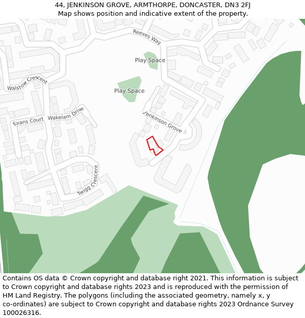 44, JENKINSON GROVE, ARMTHORPE, DONCASTER, DN3 2FJ: Location map and indicative extent of plot