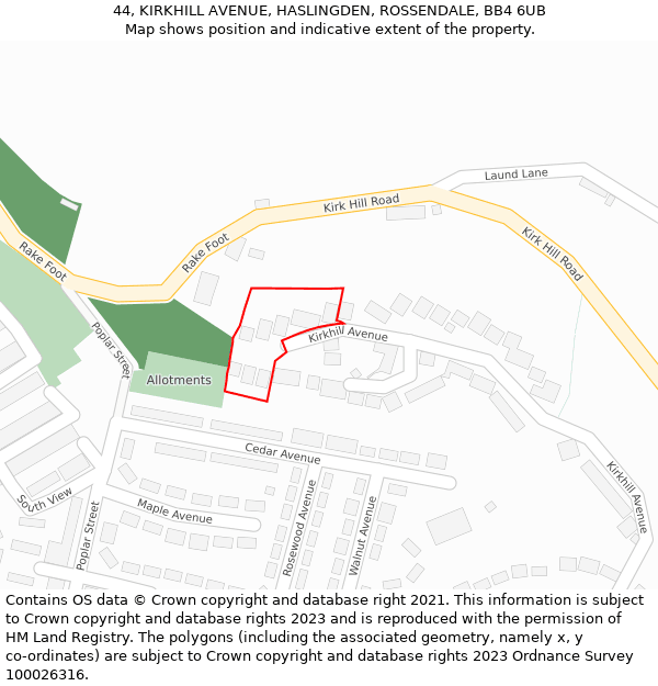 44, KIRKHILL AVENUE, HASLINGDEN, ROSSENDALE, BB4 6UB: Location map and indicative extent of plot