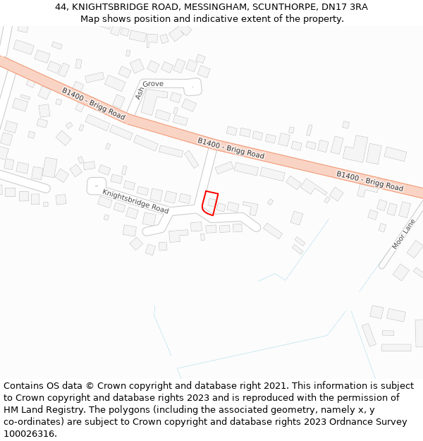 44, KNIGHTSBRIDGE ROAD, MESSINGHAM, SCUNTHORPE, DN17 3RA: Location map and indicative extent of plot