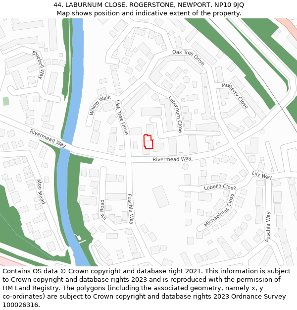 44, LABURNUM CLOSE, ROGERSTONE, NEWPORT, NP10 9JQ: Location map and indicative extent of plot