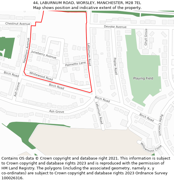 44, LABURNUM ROAD, WORSLEY, MANCHESTER, M28 7EL: Location map and indicative extent of plot