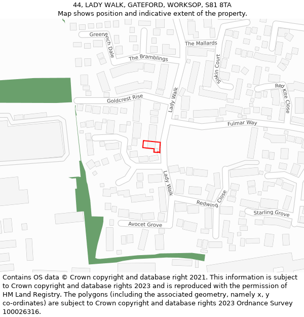 44, LADY WALK, GATEFORD, WORKSOP, S81 8TA: Location map and indicative extent of plot