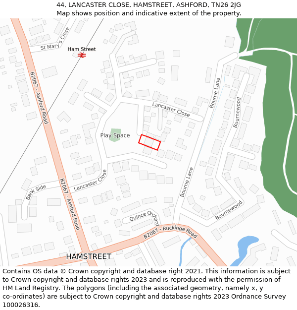 44, LANCASTER CLOSE, HAMSTREET, ASHFORD, TN26 2JG: Location map and indicative extent of plot