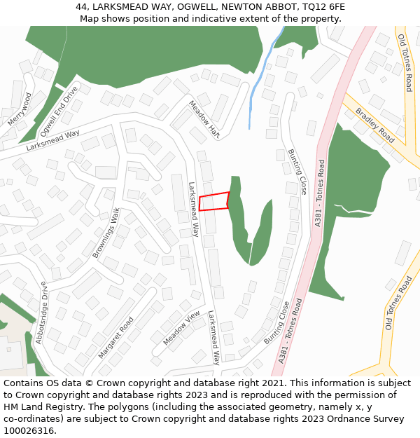 44, LARKSMEAD WAY, OGWELL, NEWTON ABBOT, TQ12 6FE: Location map and indicative extent of plot