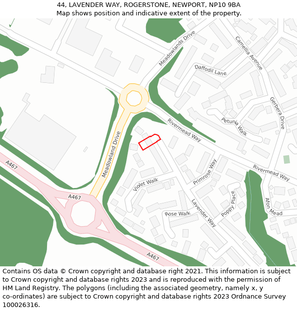 44, LAVENDER WAY, ROGERSTONE, NEWPORT, NP10 9BA: Location map and indicative extent of plot