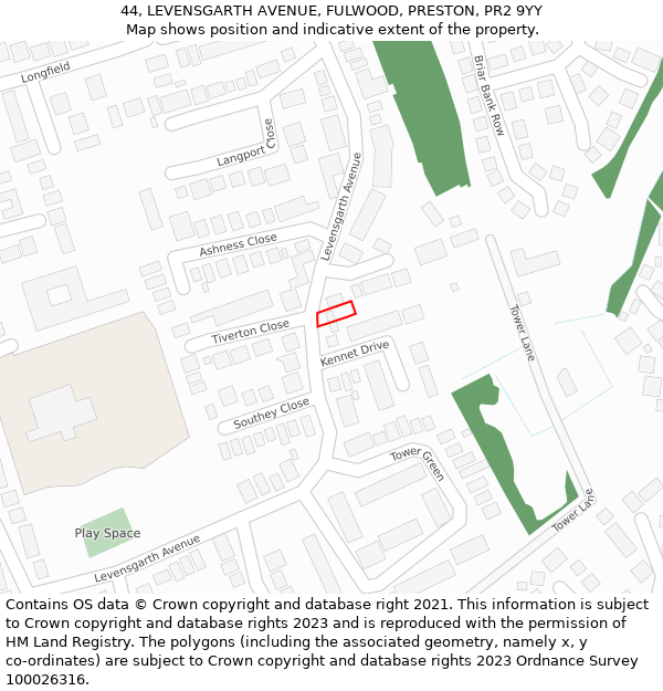 44, LEVENSGARTH AVENUE, FULWOOD, PRESTON, PR2 9YY: Location map and indicative extent of plot