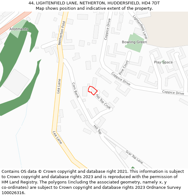 44, LIGHTENFIELD LANE, NETHERTON, HUDDERSFIELD, HD4 7DT: Location map and indicative extent of plot