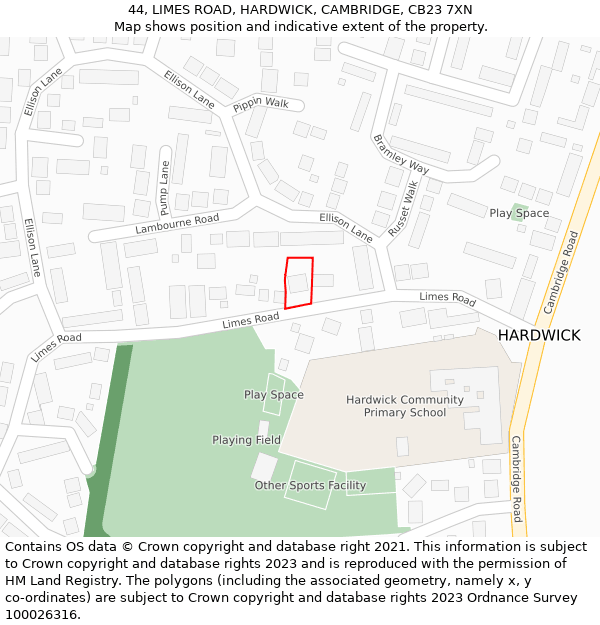 44, LIMES ROAD, HARDWICK, CAMBRIDGE, CB23 7XN: Location map and indicative extent of plot
