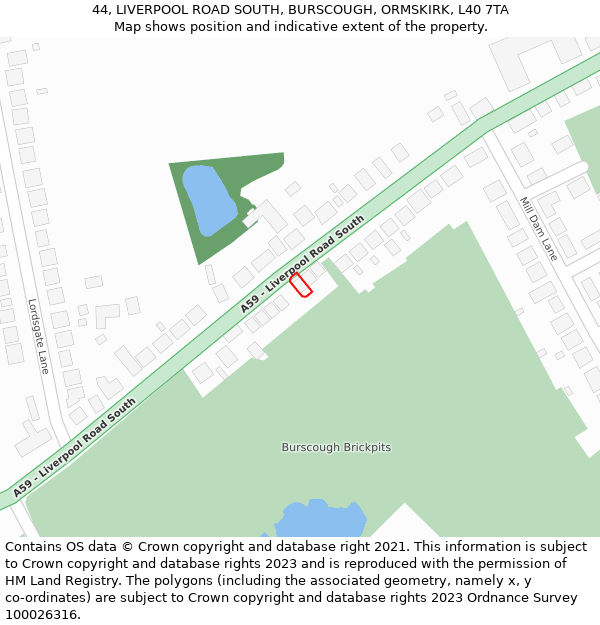44, LIVERPOOL ROAD SOUTH, BURSCOUGH, ORMSKIRK, L40 7TA: Location map and indicative extent of plot