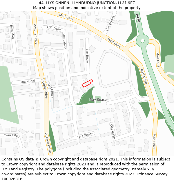 44, LLYS ONNEN, LLANDUDNO JUNCTION, LL31 9EZ: Location map and indicative extent of plot