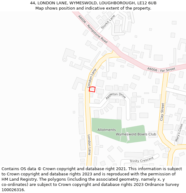 44, LONDON LANE, WYMESWOLD, LOUGHBOROUGH, LE12 6UB: Location map and indicative extent of plot