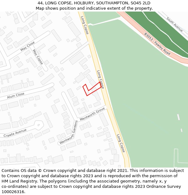 44, LONG COPSE, HOLBURY, SOUTHAMPTON, SO45 2LD: Location map and indicative extent of plot