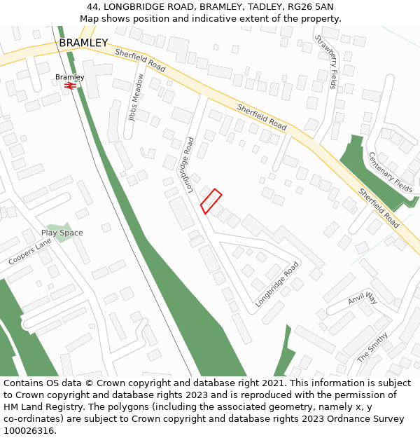 44, LONGBRIDGE ROAD, BRAMLEY, TADLEY, RG26 5AN: Location map and indicative extent of plot