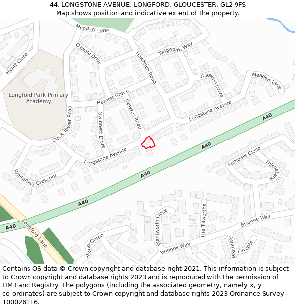 44, LONGSTONE AVENUE, LONGFORD, GLOUCESTER, GL2 9FS: Location map and indicative extent of plot