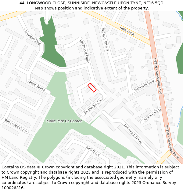 44, LONGWOOD CLOSE, SUNNISIDE, NEWCASTLE UPON TYNE, NE16 5QD: Location map and indicative extent of plot