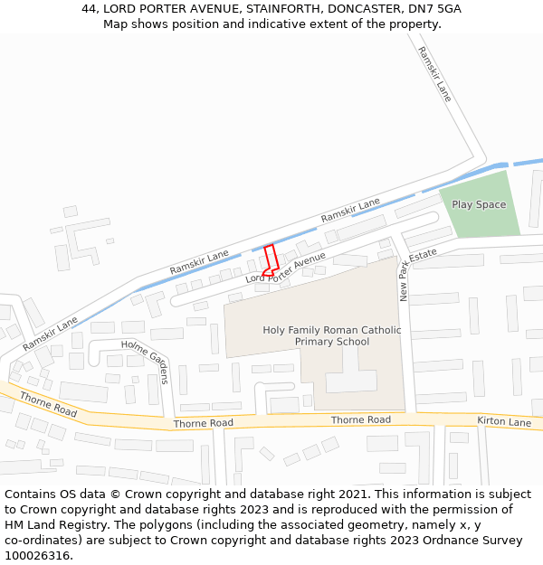 44, LORD PORTER AVENUE, STAINFORTH, DONCASTER, DN7 5GA: Location map and indicative extent of plot