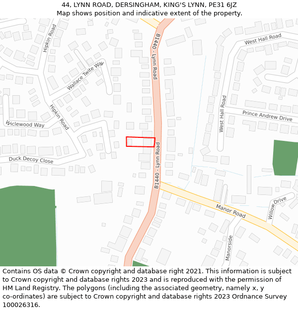 44, LYNN ROAD, DERSINGHAM, KING'S LYNN, PE31 6JZ: Location map and indicative extent of plot